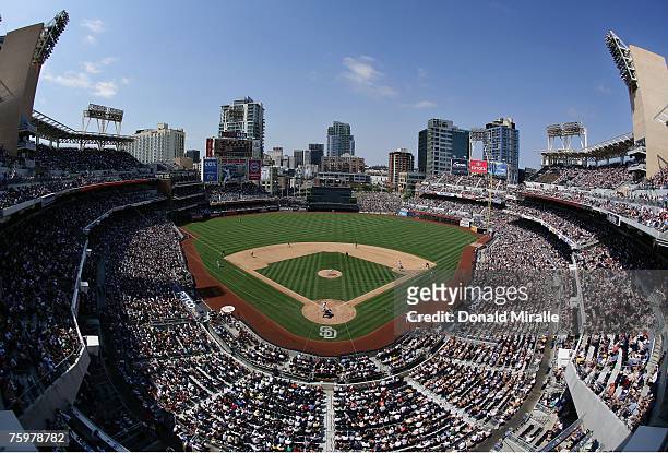The San Diego Padres play the San Francisco Giants during the bottom of the sixth inning of their MLB game at Petco Park August 5, 2007 in San Diego,...