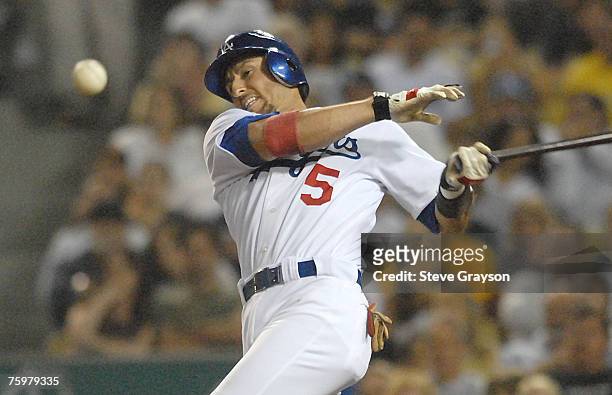 Nomar Garciaparra of the Los Angeles Dodgers fouls off a pitch from Noah Lowry of the San Francisco Giants during their contest at Dodger Stadium in...