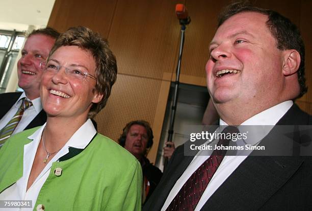 Max Strauss, son of former Bavarian state Governor Franz Josef Strauss,laughs with his sister Monika Hohlmeier and his brother Franz-Georg Strauss...