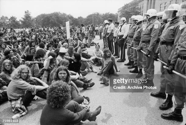 Narrow gap between the protestors and the riot police during a demonstration against the Vietnam War in Washington DC, 21st May 1972. 173...