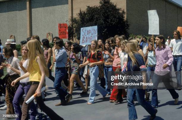 Students stage a demonstration in Los Angeles, to protest against the Vietnam War, April 1972. One placard refers to the case of Private Billy Dean...