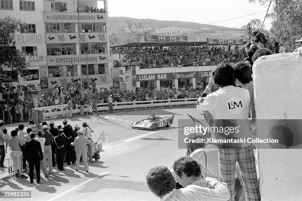 Arturo Merzario brings the Ferrari 312PB across the line to win the Targa Florio, Sicily, 21st May 1972.