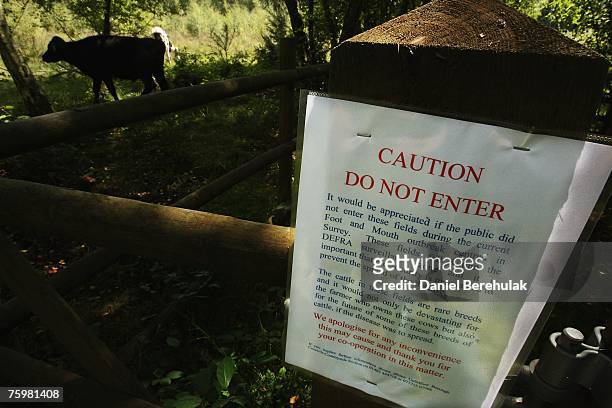 Sign prohibiting access is posted in a surveillance zone set up by the Department for the Environment, Food and Rural Affairs at a farm on August 6,...