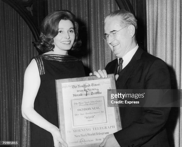 American actress Patricia Neal receives the New York Film Critics' award for Best Actress of 1963 for her performance in Martin Ritt's film 'Hud',...