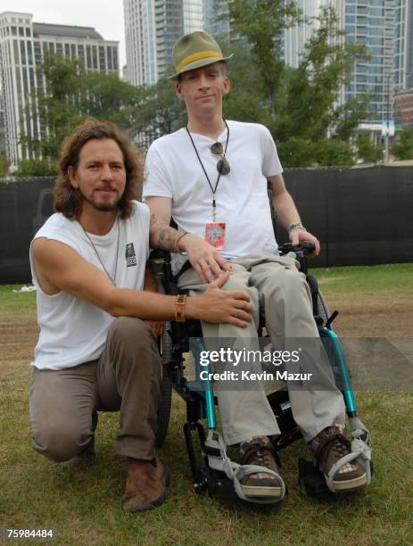 Singer/Guitarist Eddie Vedder of Pearl Jam and Tomas Young, Iraq war vetran whose story is told in forthcoming "Body of War" documentary by Phil...