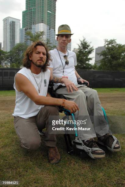 Singer/Guitarist Eddie Vedder of Pearl Jam and Tomas Young, Iraq war vetran whose story is told in forthcoming "Body of War" documentary by Phil...