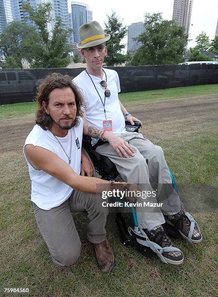 Singer/Guitarist Eddie Vedder of Pearl Jam and Tomas Young, Iraq war vetran whose story is told in forthcoming "Body of War" documentary by Phil...