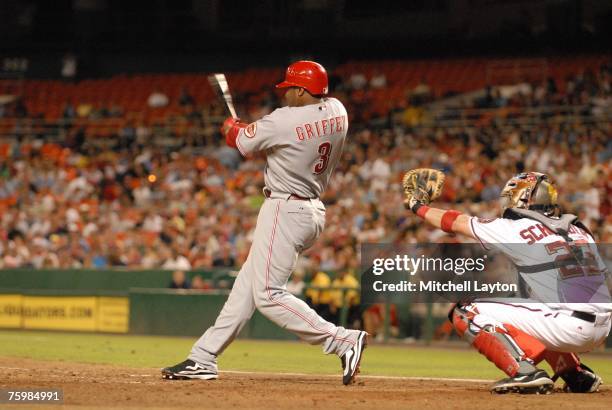 Ken Griffey Jr. #3 of the Cincinnati Reds bats during a baseball game against the Washington Nationals on July 31, 2007 at RFK Stadium in Washington...