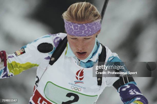 German biathlete Antje Harvey competes for Germany to finish in second place to win the silver medal in the Women's relay biathlon event at the 1992...