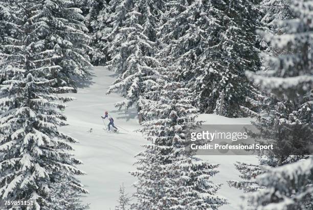 View of a skier taking part in the cross-country skiing events at the 1992 Winter Olympics at Les Saisies near Albertville in France in February 1992.