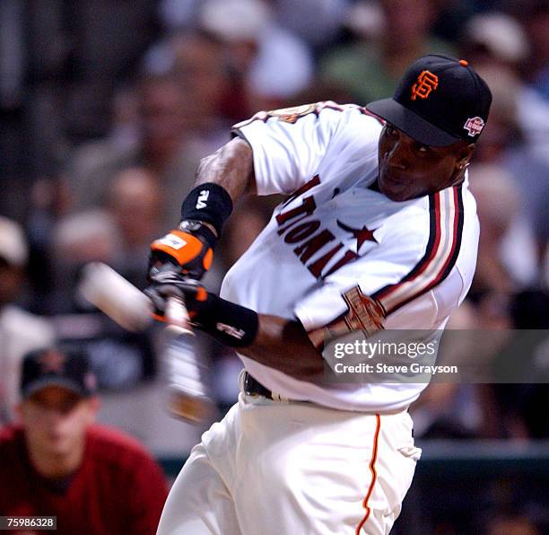 Barry Bonds in action during the 2004 All Star Home Run Derby at Minute Maid Park in Houston, Texas on July 12, 2004. Bonds hit eight home runs at...