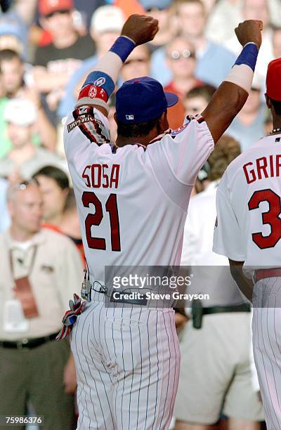 Sammy Sosa of the Chicago Cubs acknowledges the cheers of the crowd as he is introduced at the 2004 Home Run Derby at Minute Maid Park in Houston,...