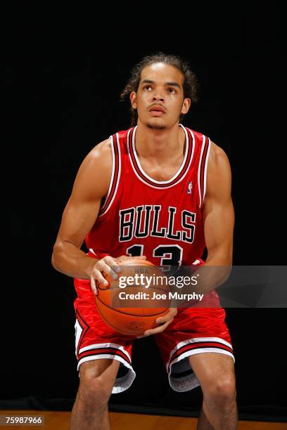 Joakim Noah of the Chicago Bulls poses for an action portrait during the 2007 NBA Rookie Photo Shoot on July 27, 2007 at the MSG Training Facility in...