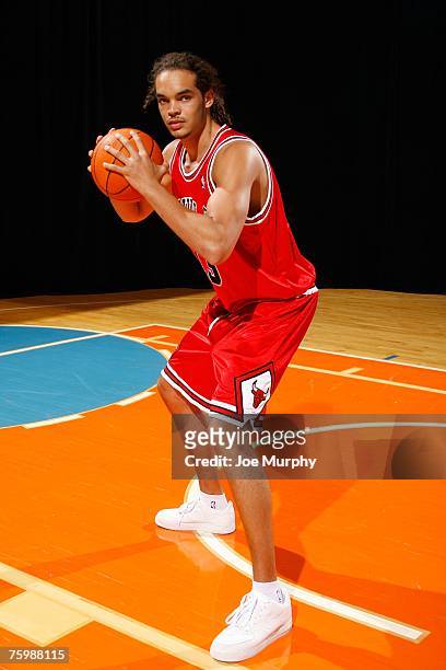 Joakim Noah of the Chicago Bulls poses for an action portrait during the 2007 NBA Rookie Photo Shoot on July 27, 2007 at the MSG Training Facility in...