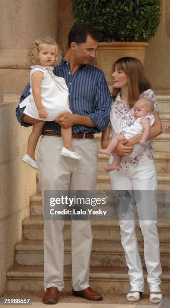 Prince Felipe and Princess Letizia with their daughters Leonor and Sofia pose for photographers at Marivent Palace on August 6, 2007 in Mallorca,Spain