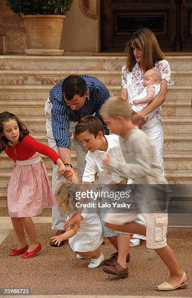 Prince Felipe and Princess Letizia with their daughters Leonor and Sofia and their nephews Victoria Federica, Froilan and Juan Valentin pose for...