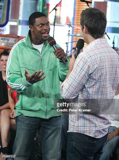 Actor Chris Tucker and MTV VJ Damien Fahey make an appearance on MTV's Total Request Live on August 6, 2007 in New York City.