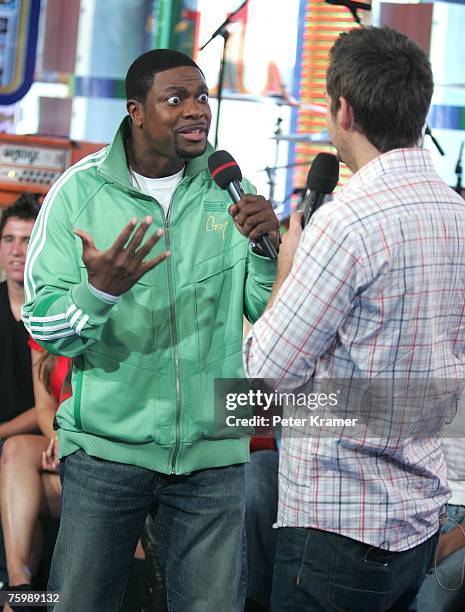 Actor Chris Tucker and MTV VJ Damien Fahey make an appearance on MTV's Total Request Live on August 6, 2007 in New York City.