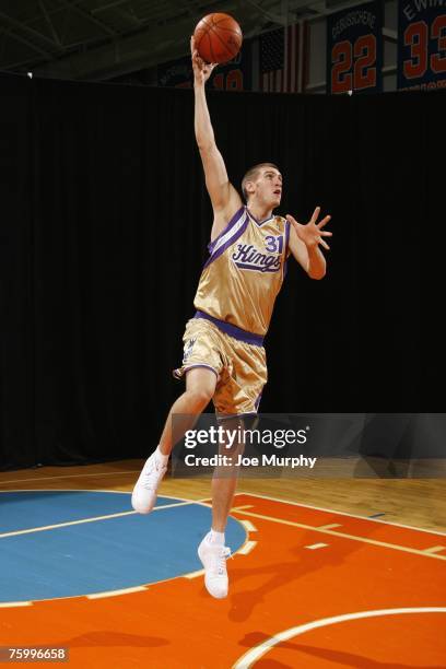 Spencer Hawes of the Sacramento Kings poses for an action portrait during the 2007 NBA Rookie Photo Shoot on July 27, 2007 at the MSG Training...