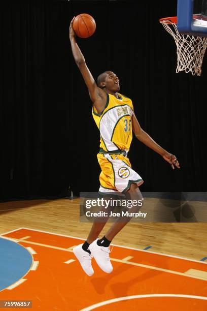 Kevin Durant of the Seattle SuperSonics poses for an action portrait during the 2007 NBA Rookie Photo Shoot on July 27, 2007 at the MSG Training...