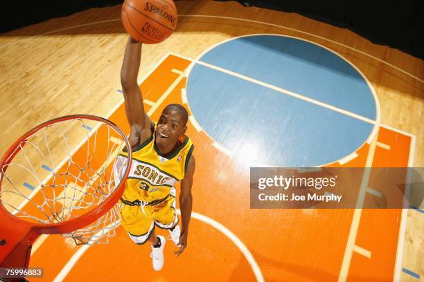 Kevin Durant of the Seattle SuperSonics poses for an action portrait during the 2007 NBA Rookie Photo Shoot on July 27, 2007 at the MSG Training...