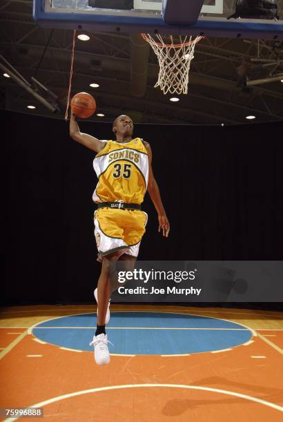 Kevin Durant of the Seattle SuperSonics poses for an action portrait during the 2007 NBA Rookie Photo Shoot on July 27, 2007 at the MSG Training...