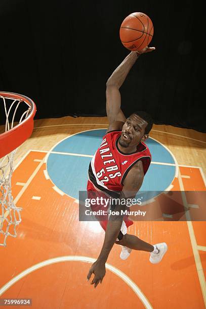 Greg Oden of the Portland Trail Blazers poses for an action portrait during the 2007 NBA Rookie Photo Shoot on July 27, 2007 at the MSG Training...