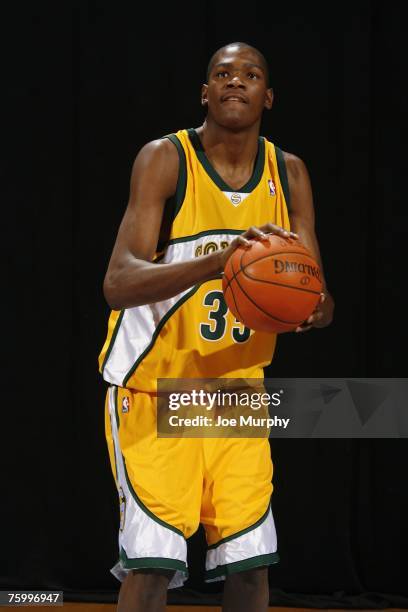 Kevin Durant of the Seattle SuperSonics poses for an action portrait during the 2007 NBA Rookie Photo Shoot on July 27, 2007 at the MSG Training...