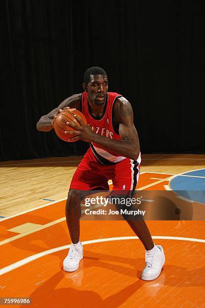 Greg Oden of the Portland Trail Blazers poses for an action portrait during the 2007 NBA Rookie Photo Shoot on July 27, 2007 at the MSG Training...