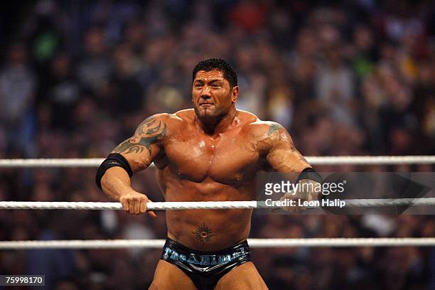 Wrestler Batista during his World Heaveyweight WWE Championship match against the Undertaker at WrestleMania 23 at Detroit's Ford Field in Detroit,...