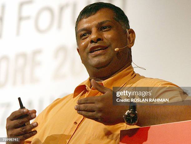 Tony Fernandes, group CEO of AirAsia, talks at the Global Brand Forum in Singapore, 07 August 2007. The two-day forum is featuring global leaders...