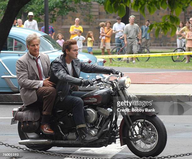 Harrison Ford stunt double and Shia LaBeouf stunt double riding a motorcycle during filming of the latest "Indiana Jones" movie at Yale University...