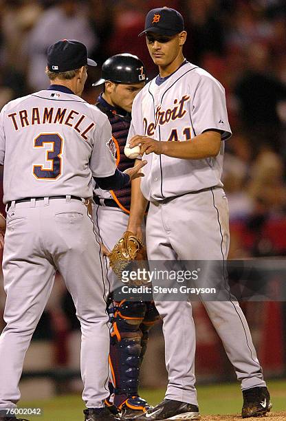 Wilfredo Ledezma of the Detroit Tigers is removed from their contest against the Los Angeles Angels by manager Alan Trammell at Angels Stadiums May...