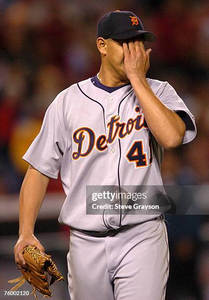 Wilfredo Ledezma of the Detroit Tigers leaves the field after he was removed from their contest against the Los Angeles Angels at Angels Stadiums May...