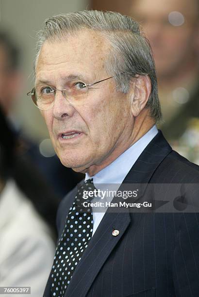 Secretary of Defense Donald Rumsfeld speaks during a press conference after the 37th Security Consultative Meeting at the Ministry of Defense on...