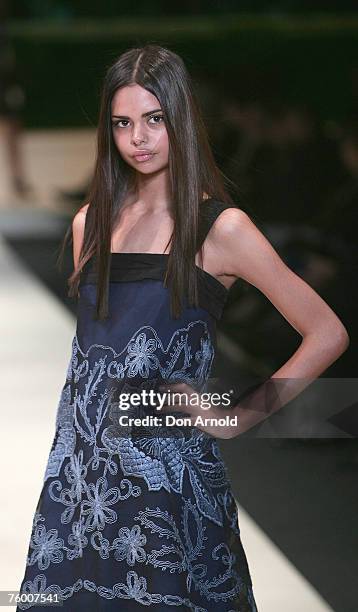 Model Samantha Harris walks the catwalk in a design by Akira during the David Jones Summer 2007 Collection Launch at Fox Studios on August 7, 2007 in...