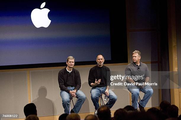 Tim Cook, Chief Operating Officer, Apple CEO Steve Jobs and Phil Schiller, EVP Product Marketing, answers questions after Jobs introduced new...