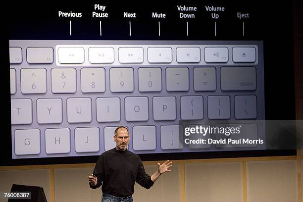 Apple CEO Steve Jobs shows off the new wireless keyboard as he introduces new versions of the iMac and iLife applications August 7, 2007 in...