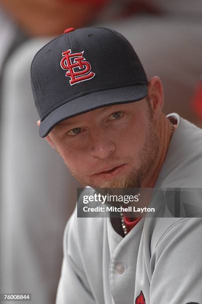 Chris Duncan of the St. Louis Cardinals during a baseball game against the Washington Nationals on August 5, 2007 at RFK Stadium in Washington D.C....