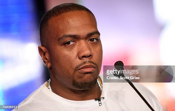 Rapper Timbaland appears onstage during a special Video Music Awards nominee taping of MTV's Total Request Live August 7, 2007 in New York City.