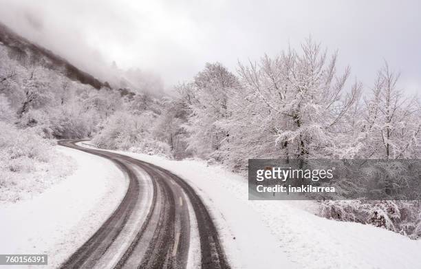road to puerto usaide through snowy landscape, lizarraga, navarra, spain - navarra stockfoto's en -beelden