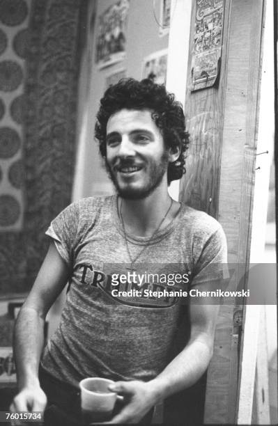 Bruce Springsteen wearing Triumph t-shirt in circa 1974; the photo appears on the 'Live At The Main Point 1975' record.
