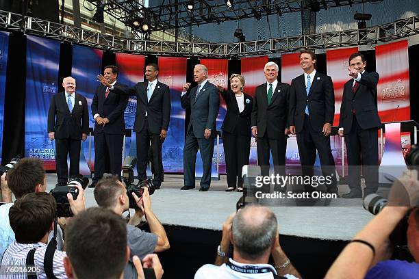 President John Sweeney introduces the Democratic Presidential candidates New Mexico Governor Bill Richardson, Senator Barack Obama , Senator Joe...