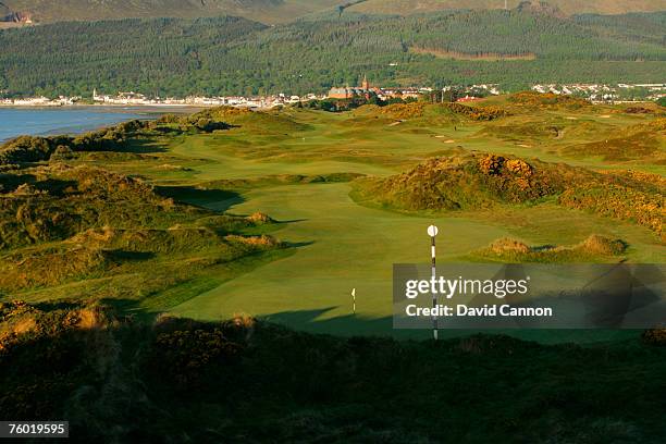 View looking down over the 477 yards par 4, 3rd hole and the rest of the links towards the town of Newcastle and the Mourne Mountains on the...