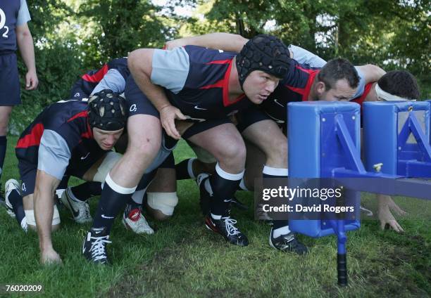 Matt Stevens, the England prop packs down during the England rugby union training session held at Bath University on August 8, 2007 in Bath, England.