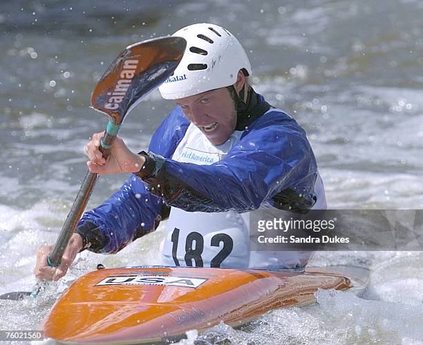 Scott Mann of Bryson City, NC strokes hard to gain some time in the race for spots on the US Men's Kayak slalom team.