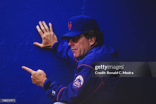 Manager Jeff Torborg of the New York Mets in the dugout during a spring training game against the Los Angeles Dodgers on March 16, 1992 in Vero...