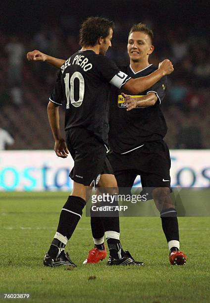 Juventus forward Alex del Piero celebrates with his teammate after scoring against S.S.C. Napoli during the Moretti Trophy at San Paolo Stadium in...