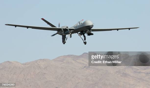 An MQ-9 Reaper takes off August 8, 2007 at Creech Air Force Base in Indian Springs, Nevada. The Reaper is the Air Force's first "hunter-killer"...