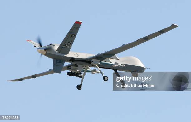 An MQ-9 Reaper takes off August 8, 2007 at Creech Air Force Base in Indian Springs, Nevada. The Reaper is the Air Force's first "hunter-killer"...